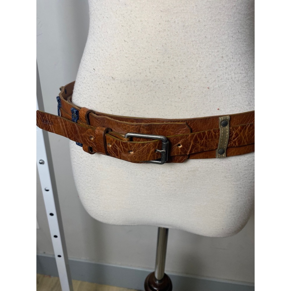 Hugo Boss Mens Vintage 90s Y2K Brown Leather Belt Denim Canvas Studded 90/36